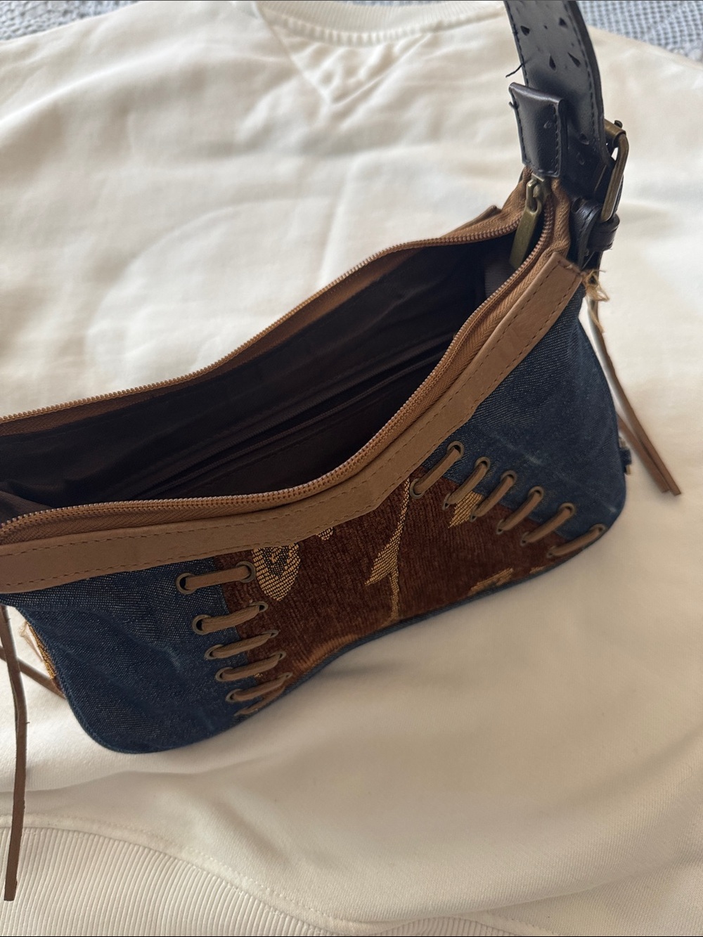lei Denim and Brown Embroidered Shoulder Bag with Black Strap - Picture 3 of 4
